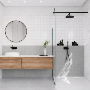 Carrelage mural uni blanc et gris salle de bain