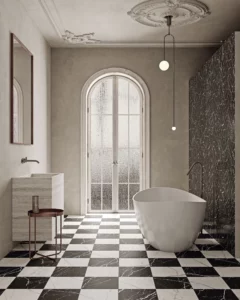 Carrelage sol effet marbre 30x30 noir et blanc damier salle de bain