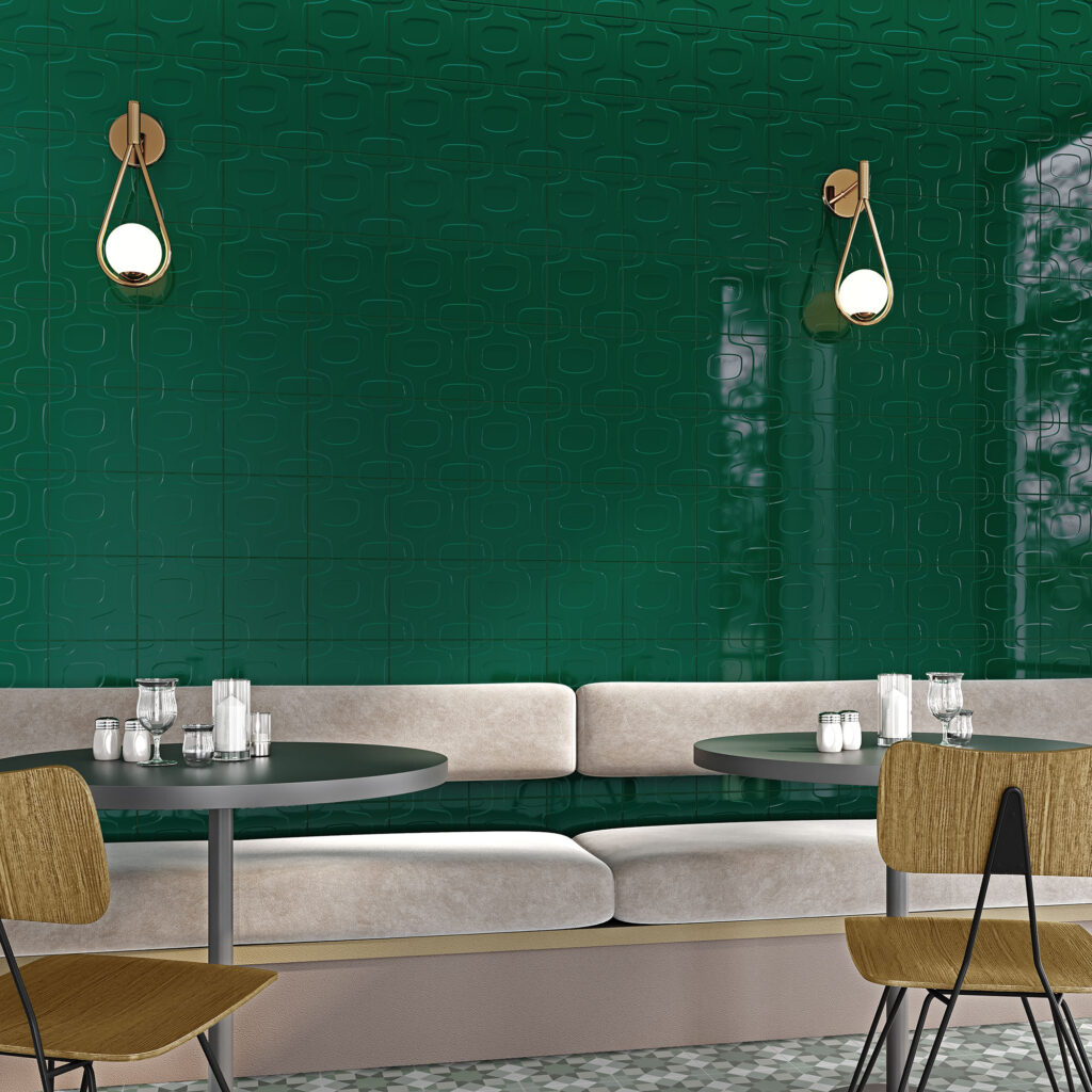 CARRELAGE MURAL EFFET 3D POP 20X20 | VotreCarrelage.com Carrelage vert brillant effet 3D restaurant